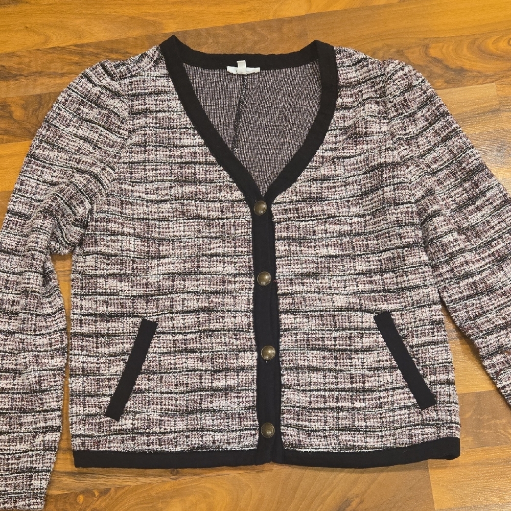 Maurices Women's Black, White, And Plum Tweed Cardigan